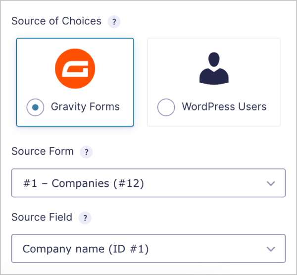 The Lookup field settings; there are 3 visible options: Source of Choices (either Gravity Forms or WordPress Users), Source Form and Source Field