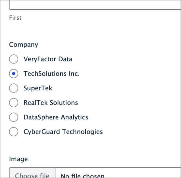 A radio buttons field where each choice is a company name