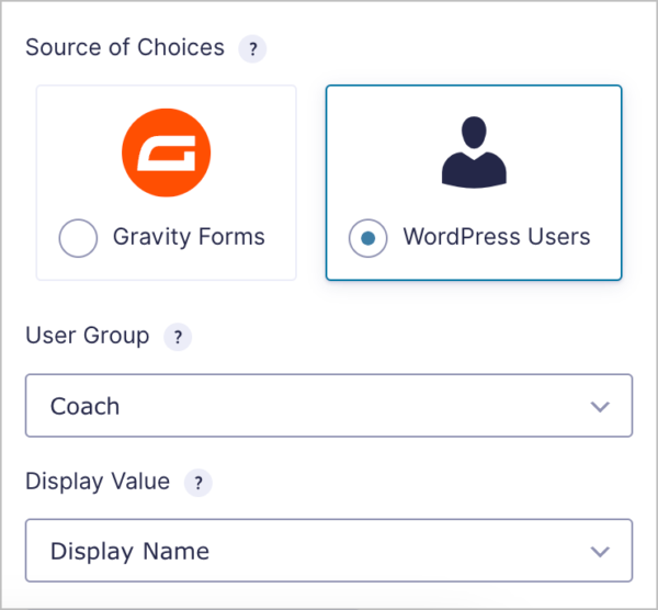 The Lookup field settings; there are 3 visible options: Source of Choices (either Gravity Forms or WordPress Users), Source Form and Source Field