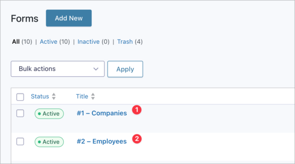 The 'Forms' page in Gravity Forms; two forms are visible: Companies and Employees